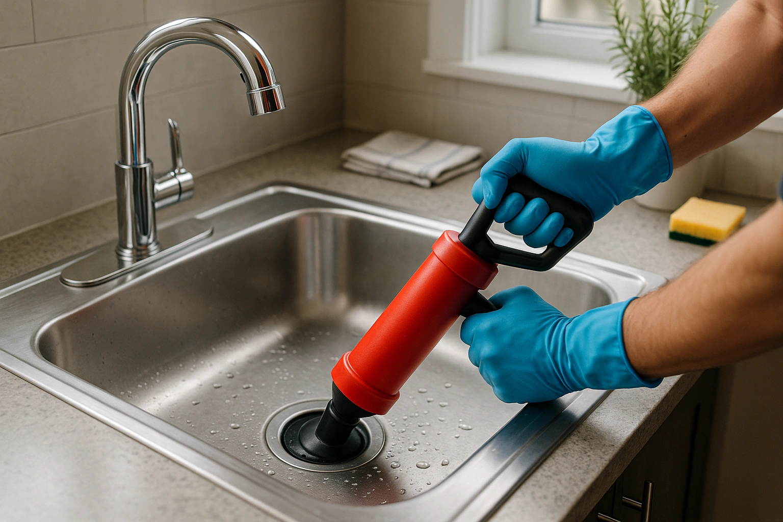 Air-powered plunger used to clear kitchen sink drain
