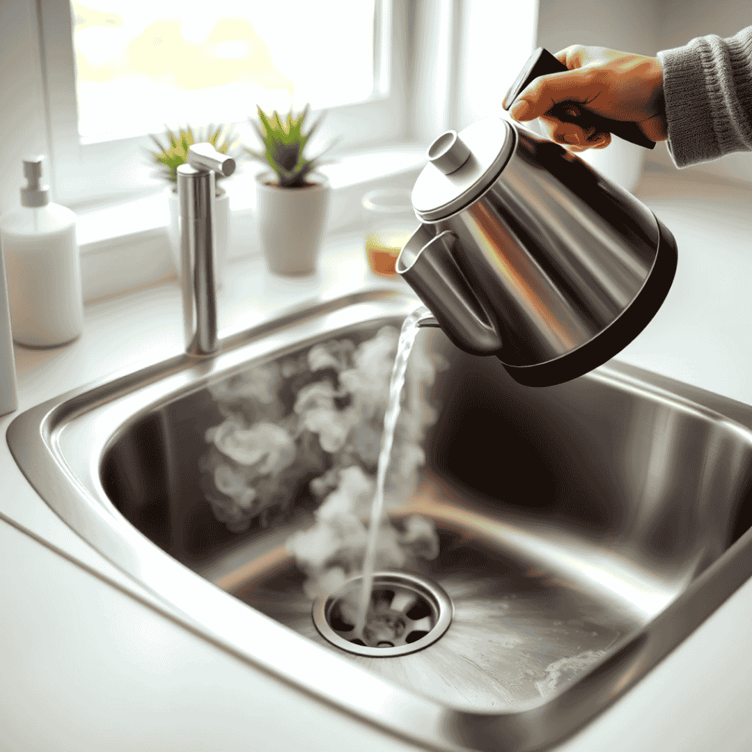 Pouring hot water down your kitchen sink drain