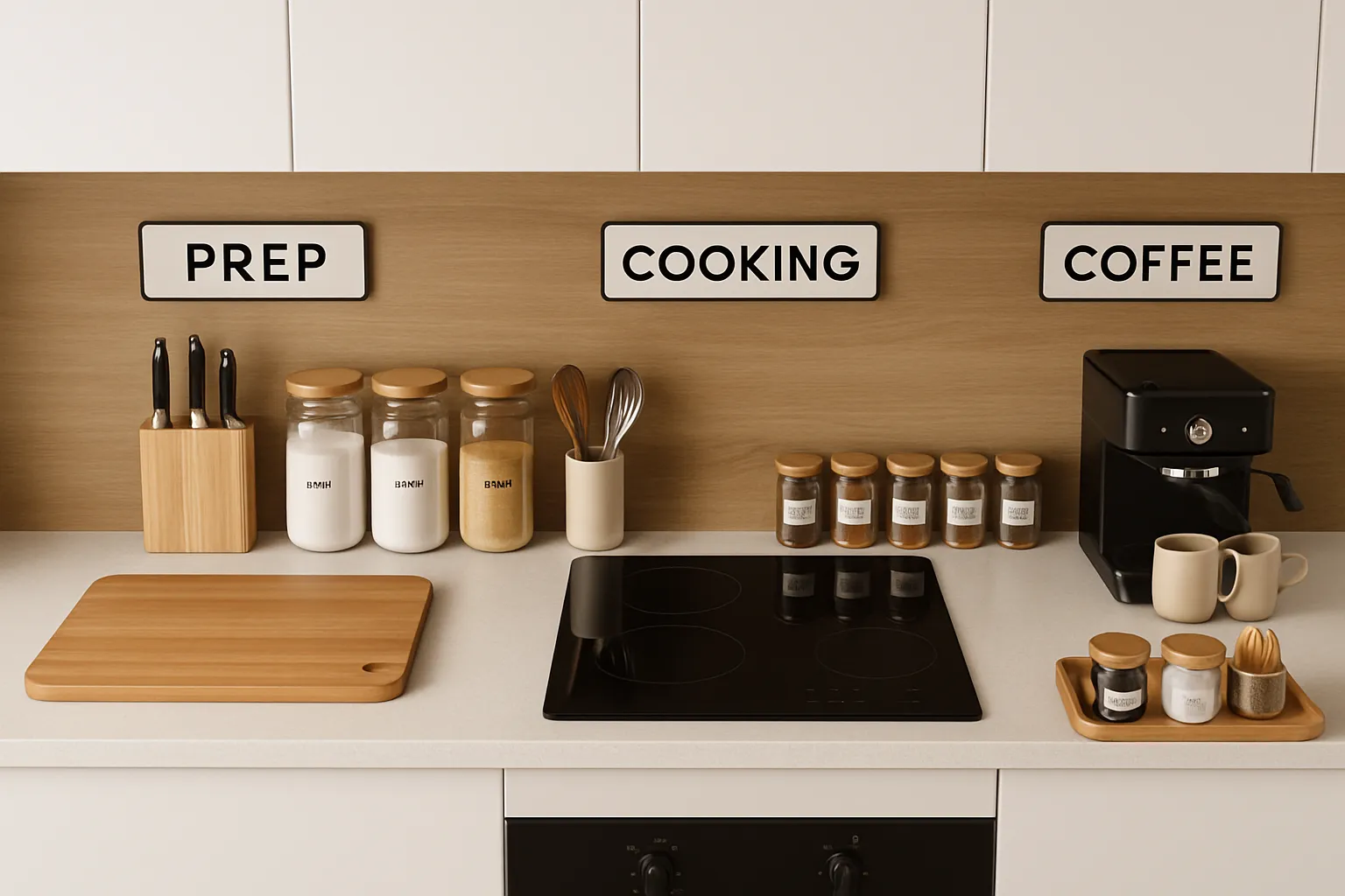 Top-down view of a well-organized kitchen showing labeled zones prep, cooking, and coffee corner. Clean counters, matching jars, and wooden accents