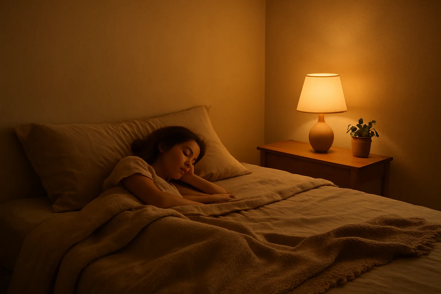 Warm, minimalist bedroom at night with soft amber bedside lamp, linen bedding, textured throw, and a small plant