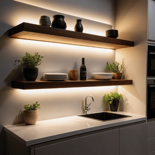 19. Brighten Floating Shelves with Hidden Lights