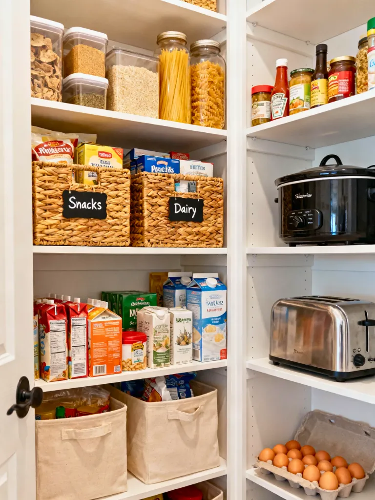 Use Baskets For Storage In A Compact Pantry Area