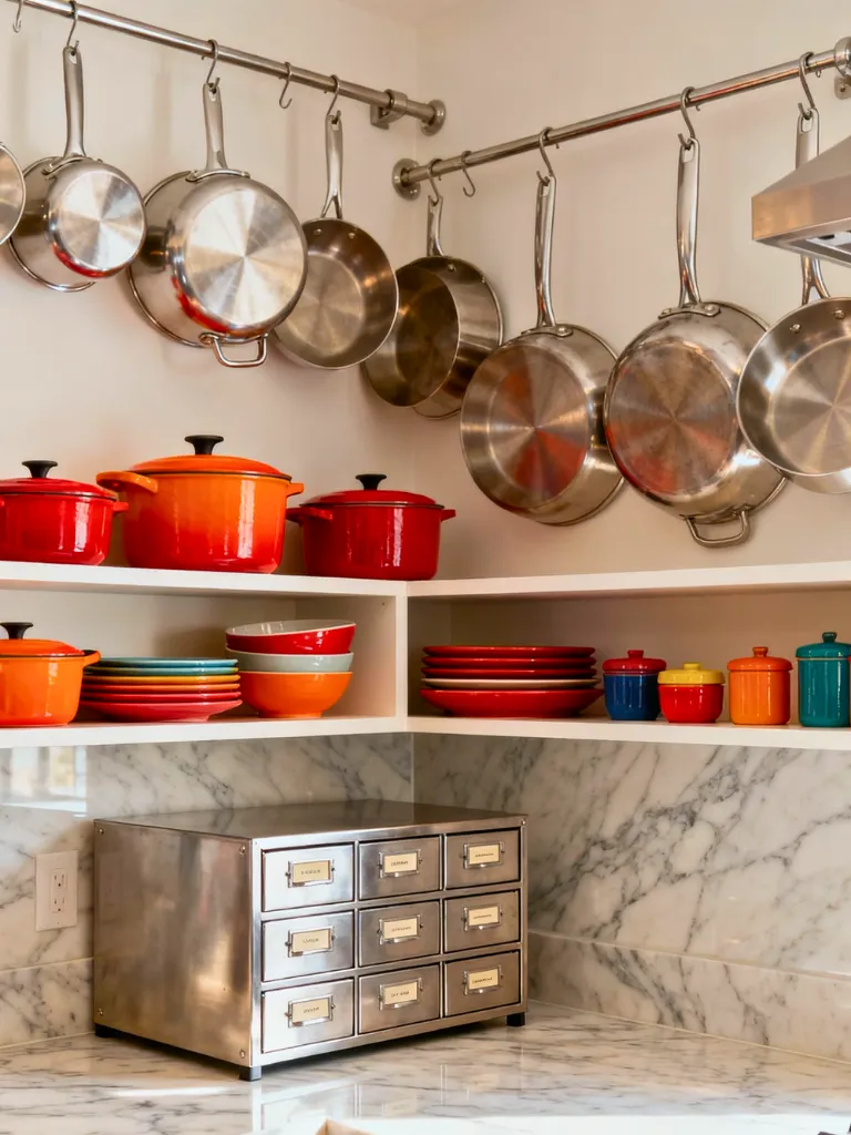 Use Open Shelves to Store Pots and Pans on the Wall