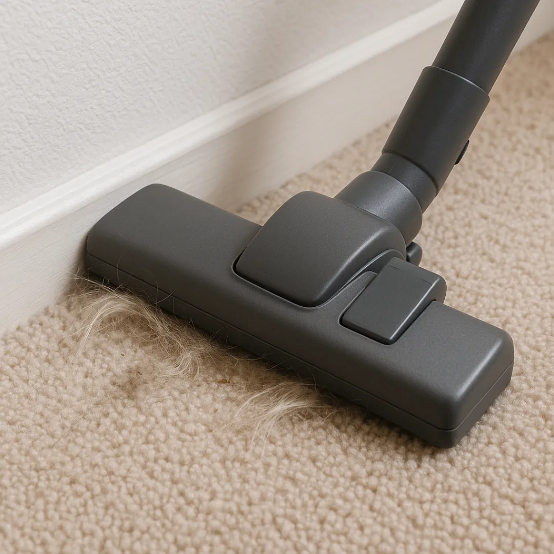 Close-up of a vacuum head gliding along baseboards and into corners, lifting dust and pet hair; crisp fiber detail.