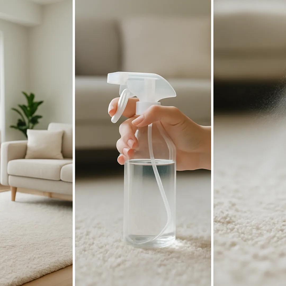 Fine spray from a clear water mister creating a delicate mist over the sprinkled area; do not soak; gentle droplets catching the light.