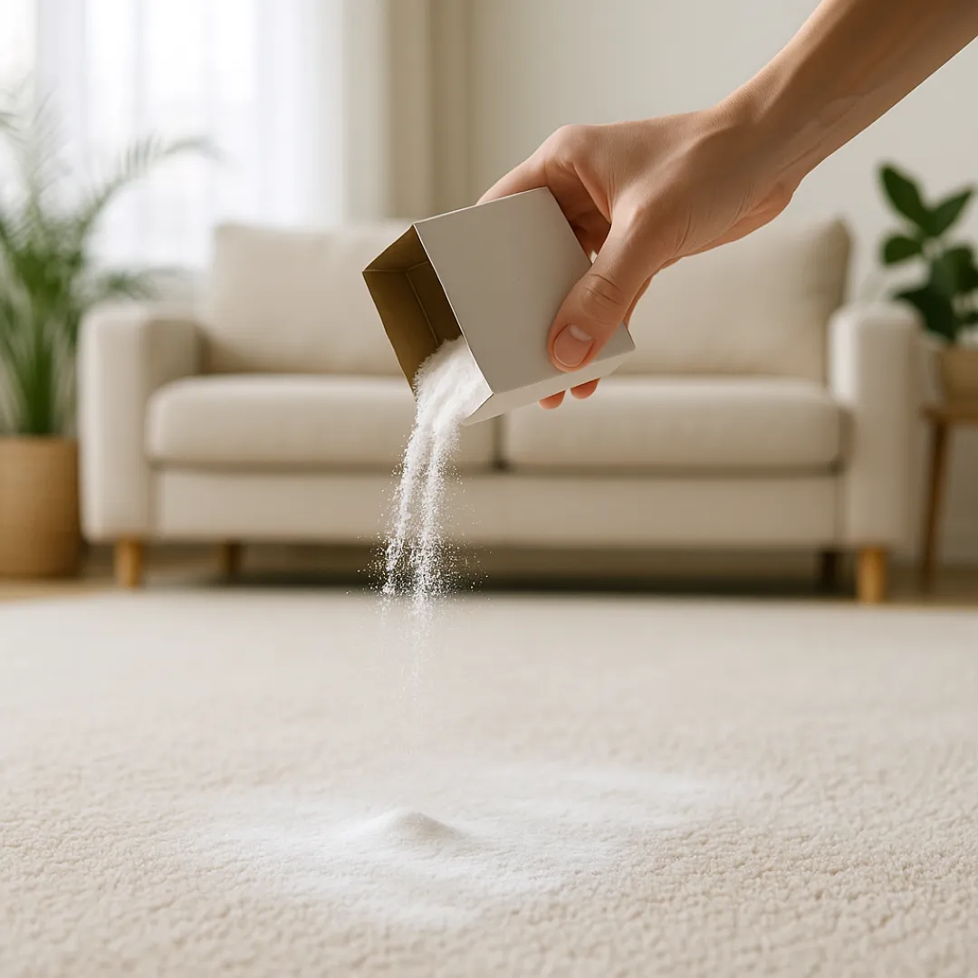 Hand evenly sprinkling a fine layer of baking soda from a plain box over the carpet; visible light dusting on fibers.