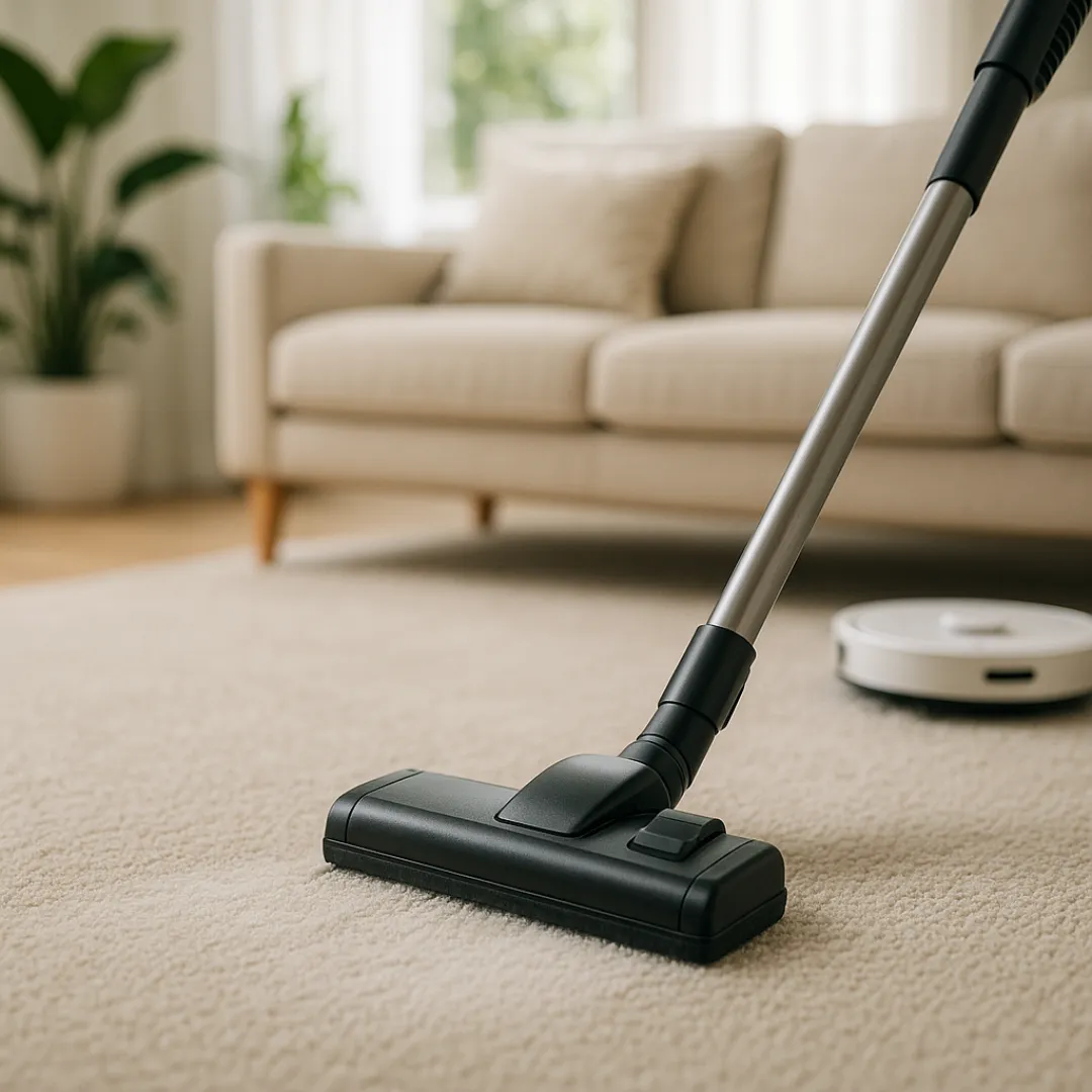 Slow, thorough vacuum pass removing dried powder; a robot vacuum visible nearby as an alternative; carpet looks fresh and revived.
