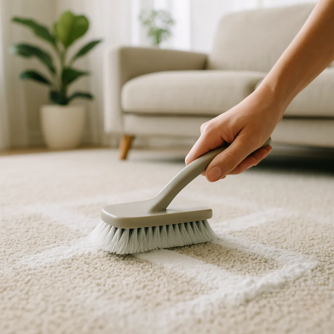 Soft-bristle brush or microfiber mop moving in crosshatch strokes, lightly working powder into the fibers; careful, non-damaging motion