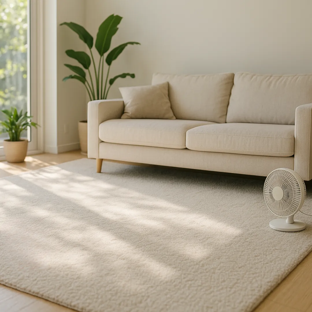 The area resting undisturbed; sunlight streaming in and a small floor fan nearby to suggest airflow; subtle time-passing cue (shadows shifting).