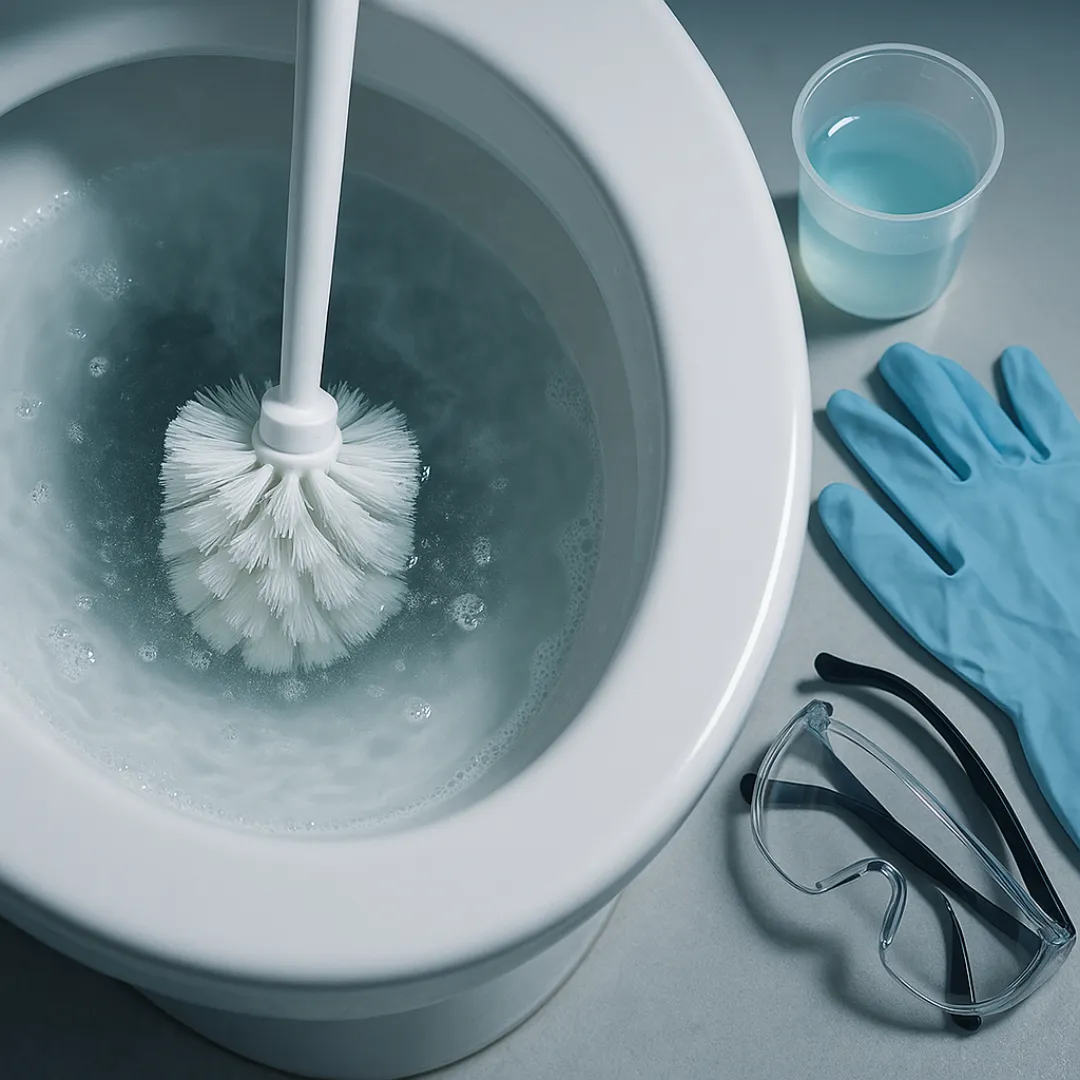 a toilet brush head submerged in bleach-water inside a toilet bowl; measuring cap of bleach on the rim, rubber gloves and safety goggles placed nearby
