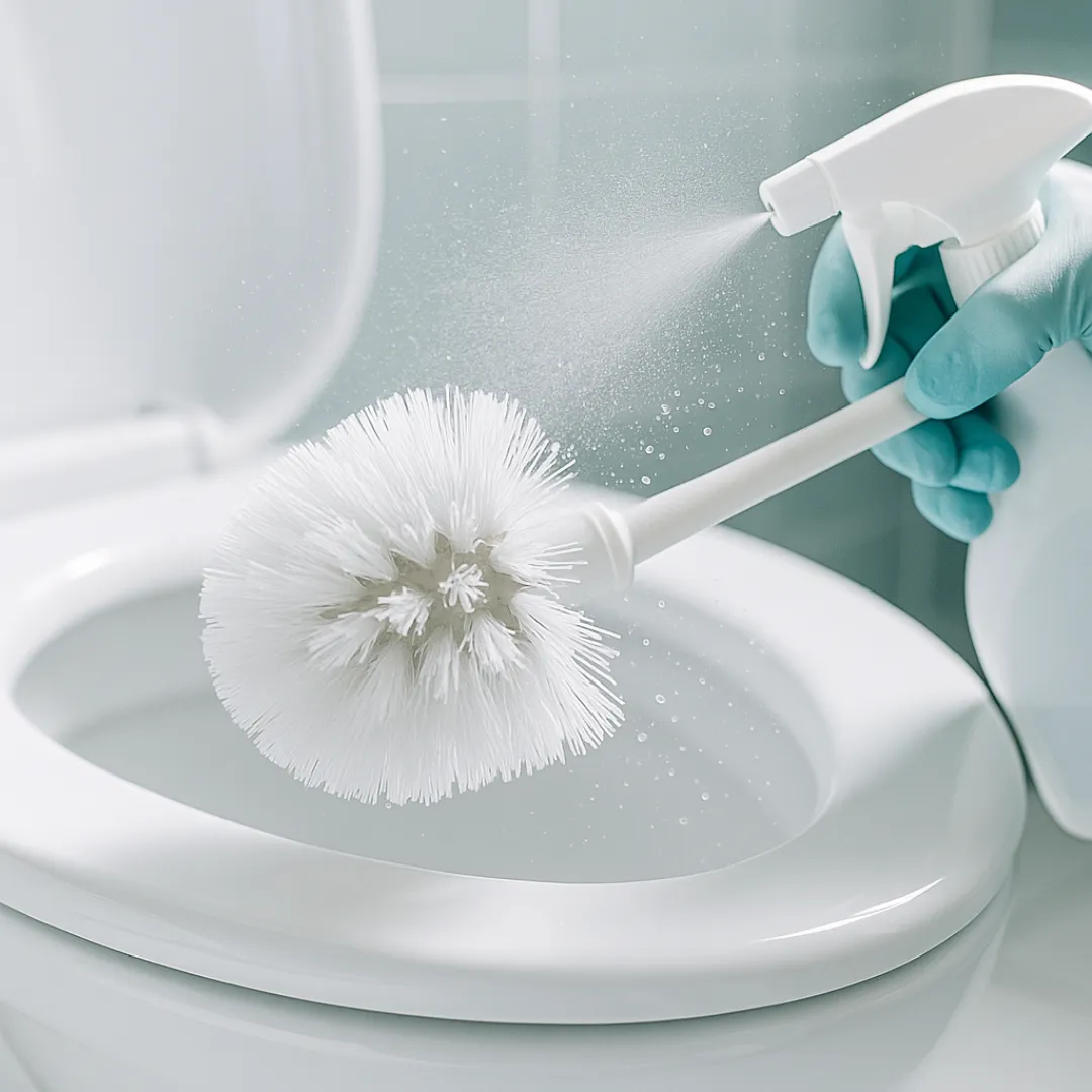 a toilet brush held over a porcelain toilet bowl as a disinfectant spray mists over the bristles; gloved hand visible holding the brush, droplets mid-air catching bright bathroom light