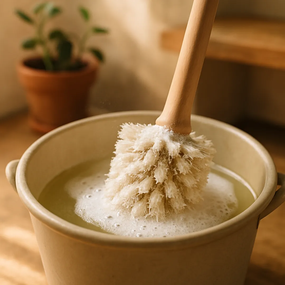toilet brush soaking in a toilet or bucket filled with vinegar solution, baking soda sprinkled on the brush creating gentle fizz, natural morning light, small potted plant and wooden shelf in soft-focus background