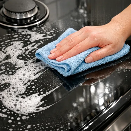 A clean microfiber cloth wiping down a stovetop with warm water, soap suds being removed, showing a shiny surface