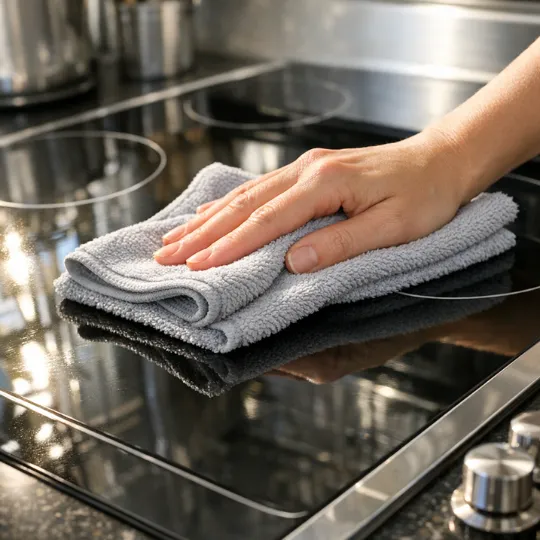 A dry microfiber cloth or towel being used to carefully dry a clean stovetop, sunlight highlighting the spotless surface