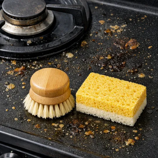 A gentle scrub brush and a textured sponge resting beside a stovetop with stubborn grease spots, no harsh tools visible