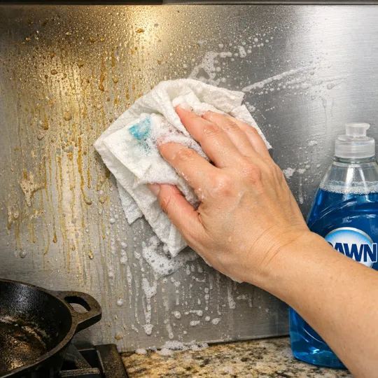 A hand wiping a greasy kitchen backsplash with a damp paper towel with Dawn dish soap