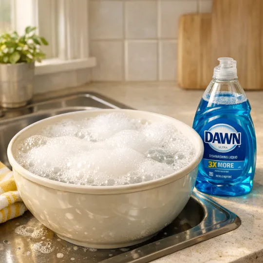 A kitchen sink or large bowl filled with warm water and bubbles, a bottle of Dawn dish soap next to it