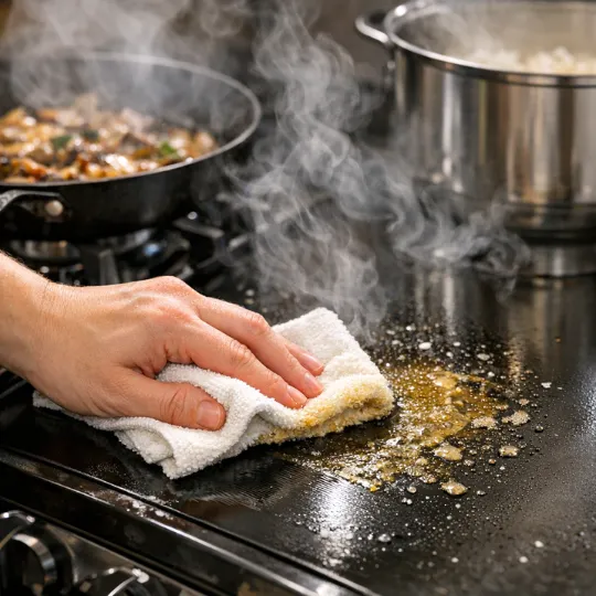 A person wiping a stovetop with a cloth during cooking, steam rising gently, showing fresh grease being cleaned easily