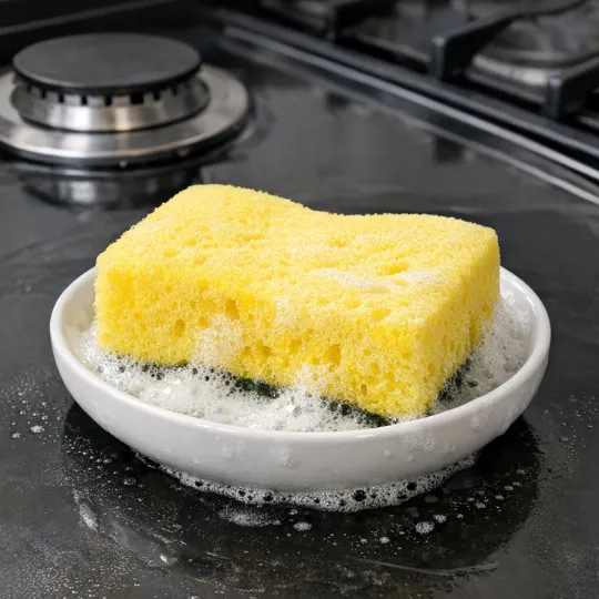 A soft sponge or microfiber cloth dipped in soapy water, wrung out gently, ready to clean a stovetop