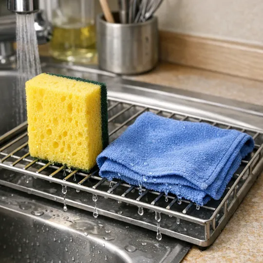 A sponge and cloth rinsed under warm water in a sink, dripping water, tools placed neatly for drying