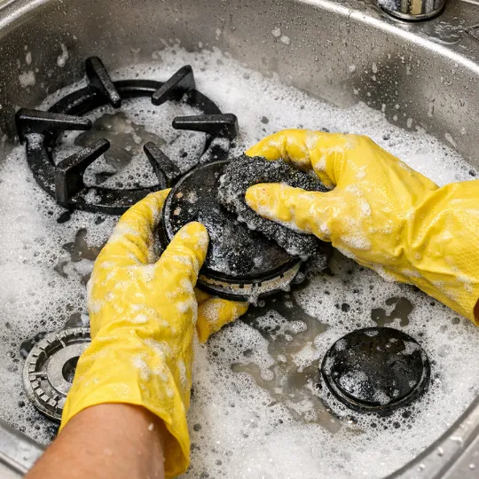 Burners and grates being scrubbed with steel wool in a sink, foamy water around, hands in protective gloves