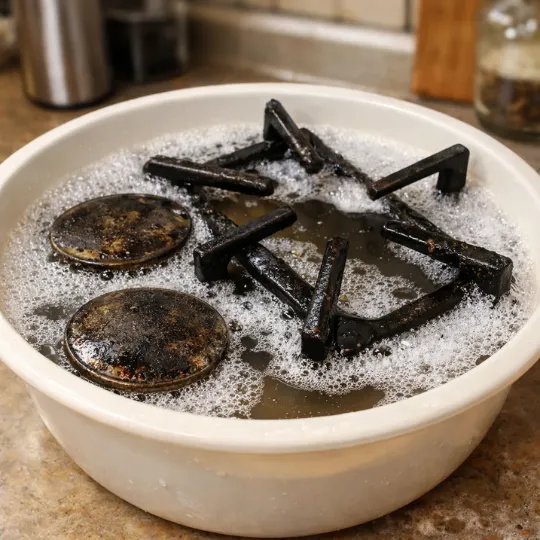 Burners and grates soaking in a bowl of warm, soapy water with visible bubbles