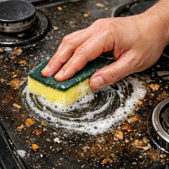 Close-up of a hand scrubbing a stovetop in small circular motions with a damp sponge, focus on removing grease spots