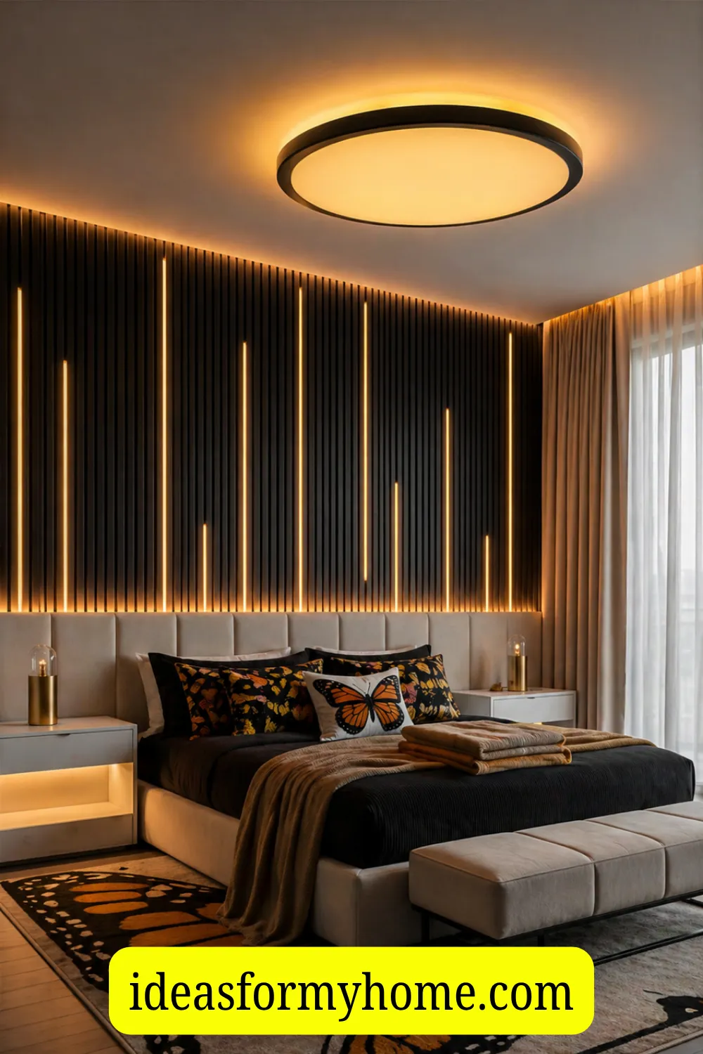 Drama With a Black Slat Accent Wall and Warm LED Lighting