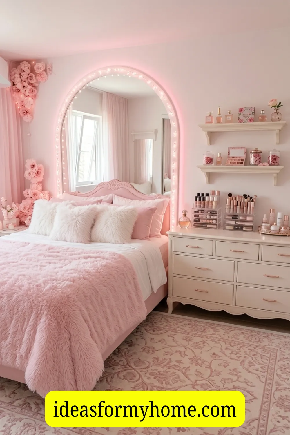 Dreamy Glam Girls Bedroom with an Arched Mirror Wall
