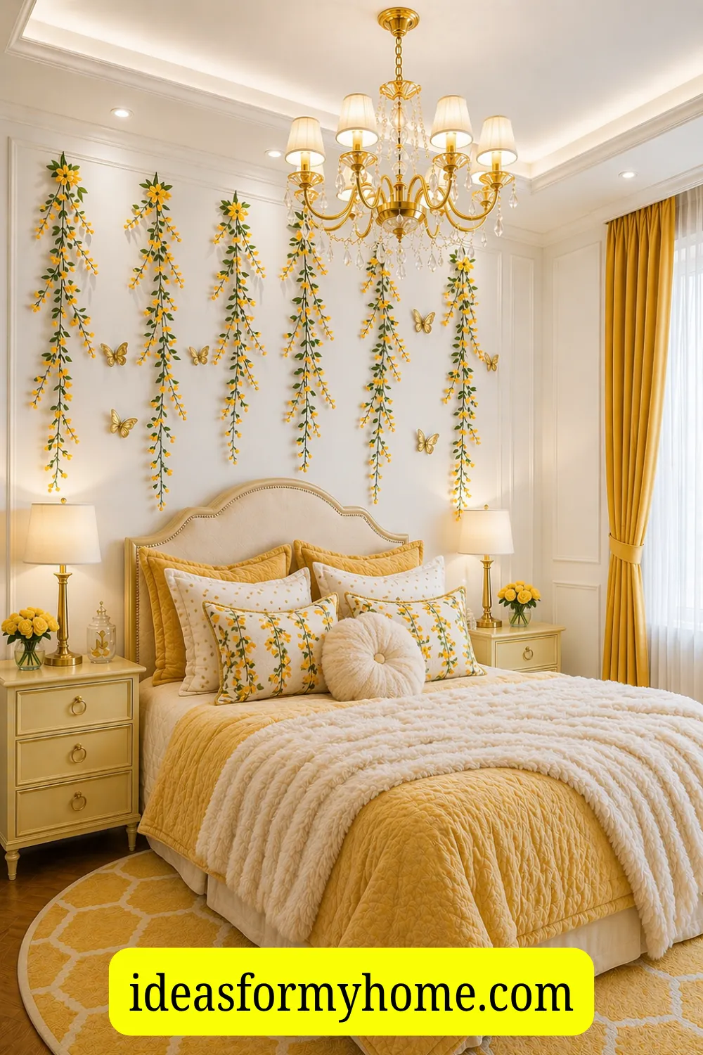 Floral Garland Accent Wall for a Cheerful Yellow Bedroom
