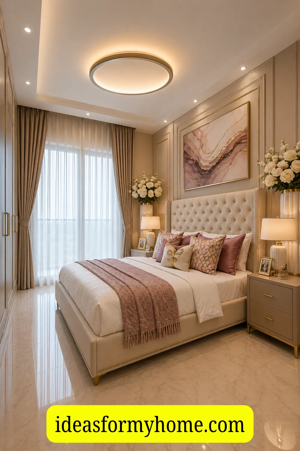 Glam Modern Bedroom with Blush and Gold Accents