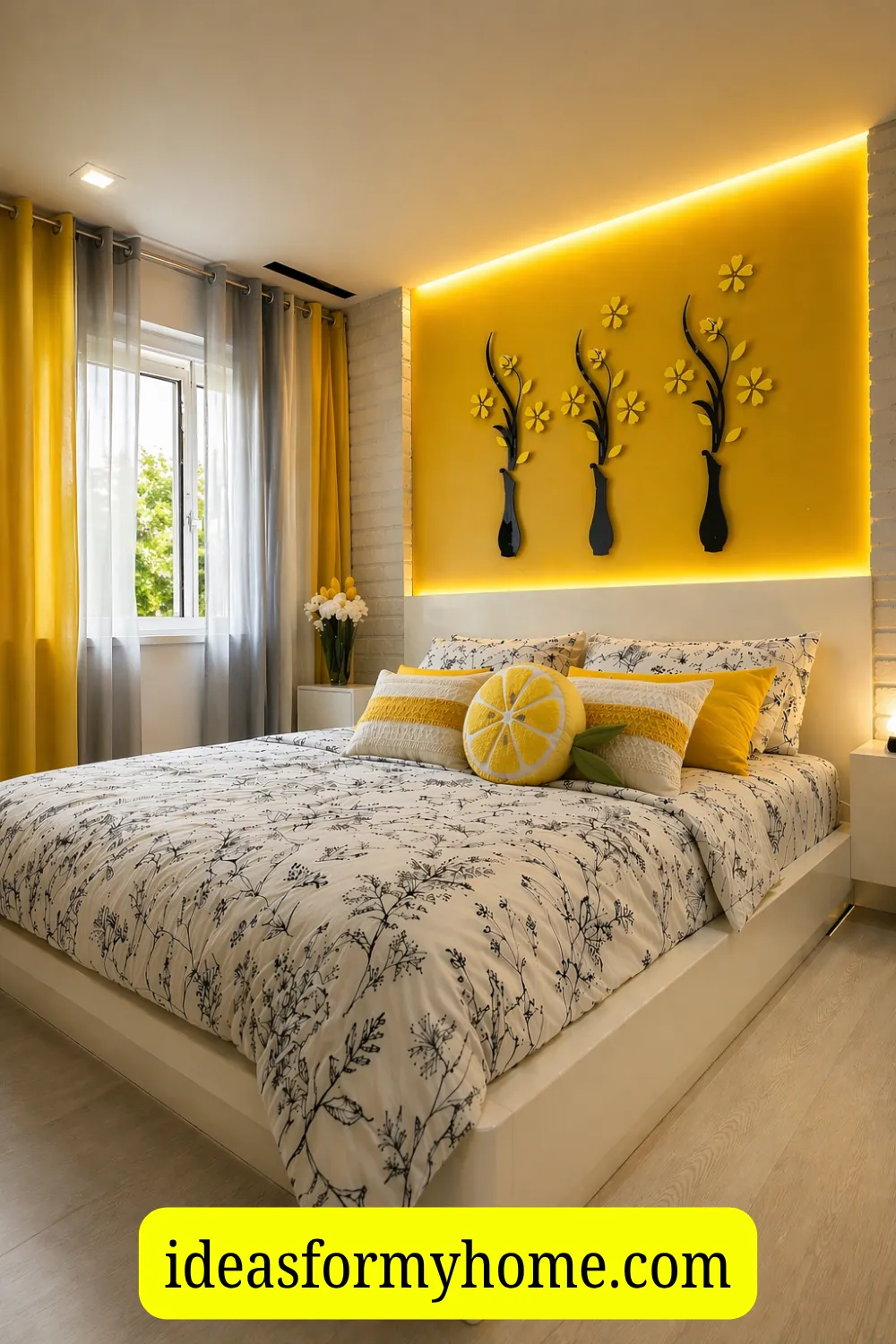 Glowing Mustard-Yellow Accent Wall with 3D Floral Yellow Wall MuralDecal