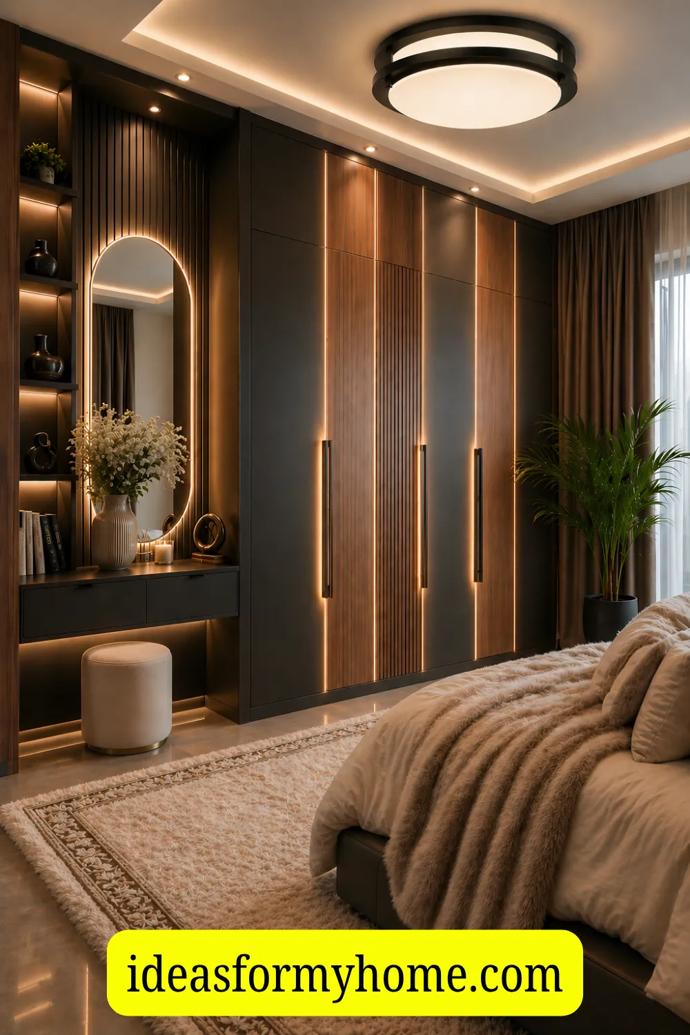 Luxe Modern Bedroom with Backlit Wood Paneling