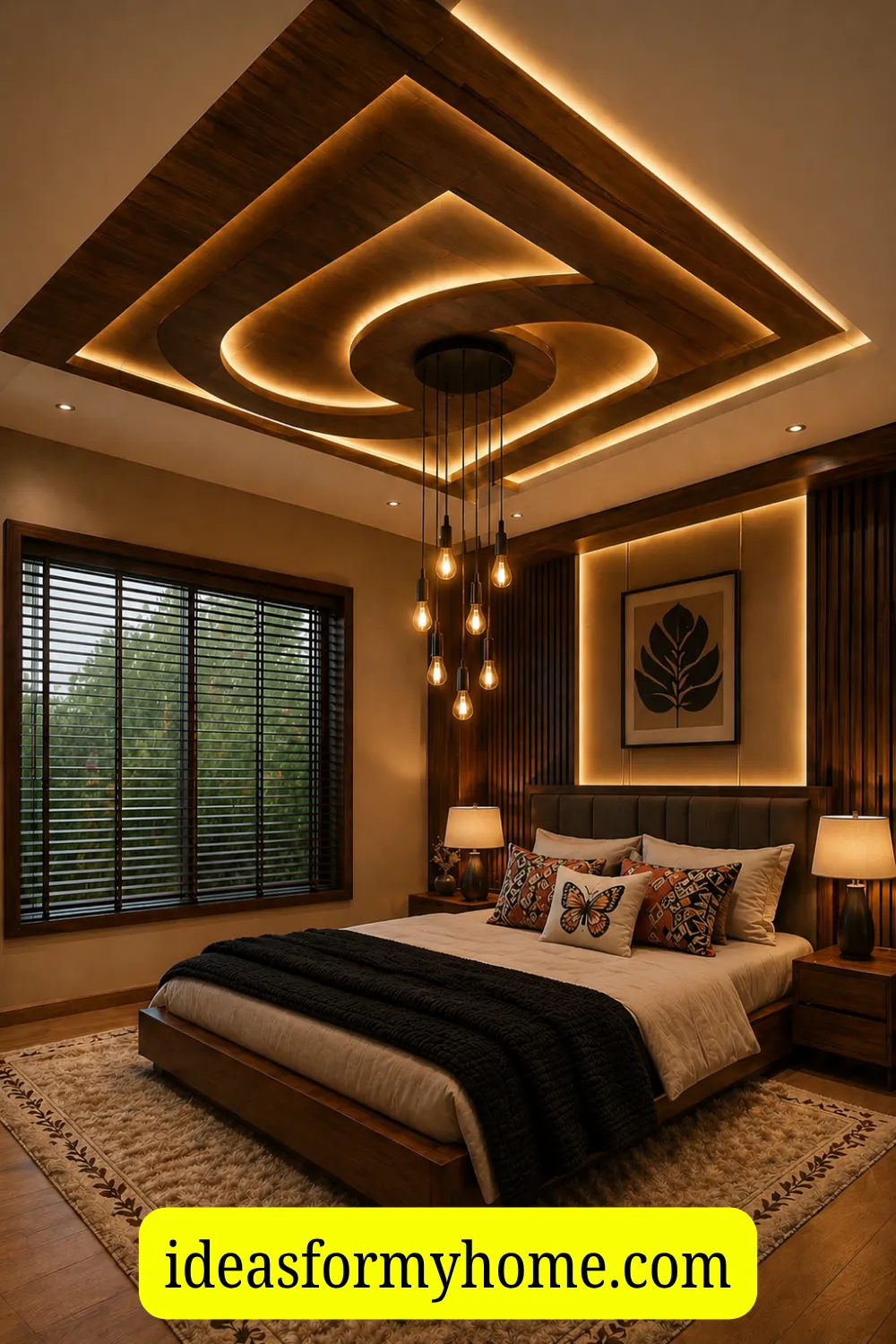 Modern Statement Bedroom with a Stylish Wooden LED False Ceiling