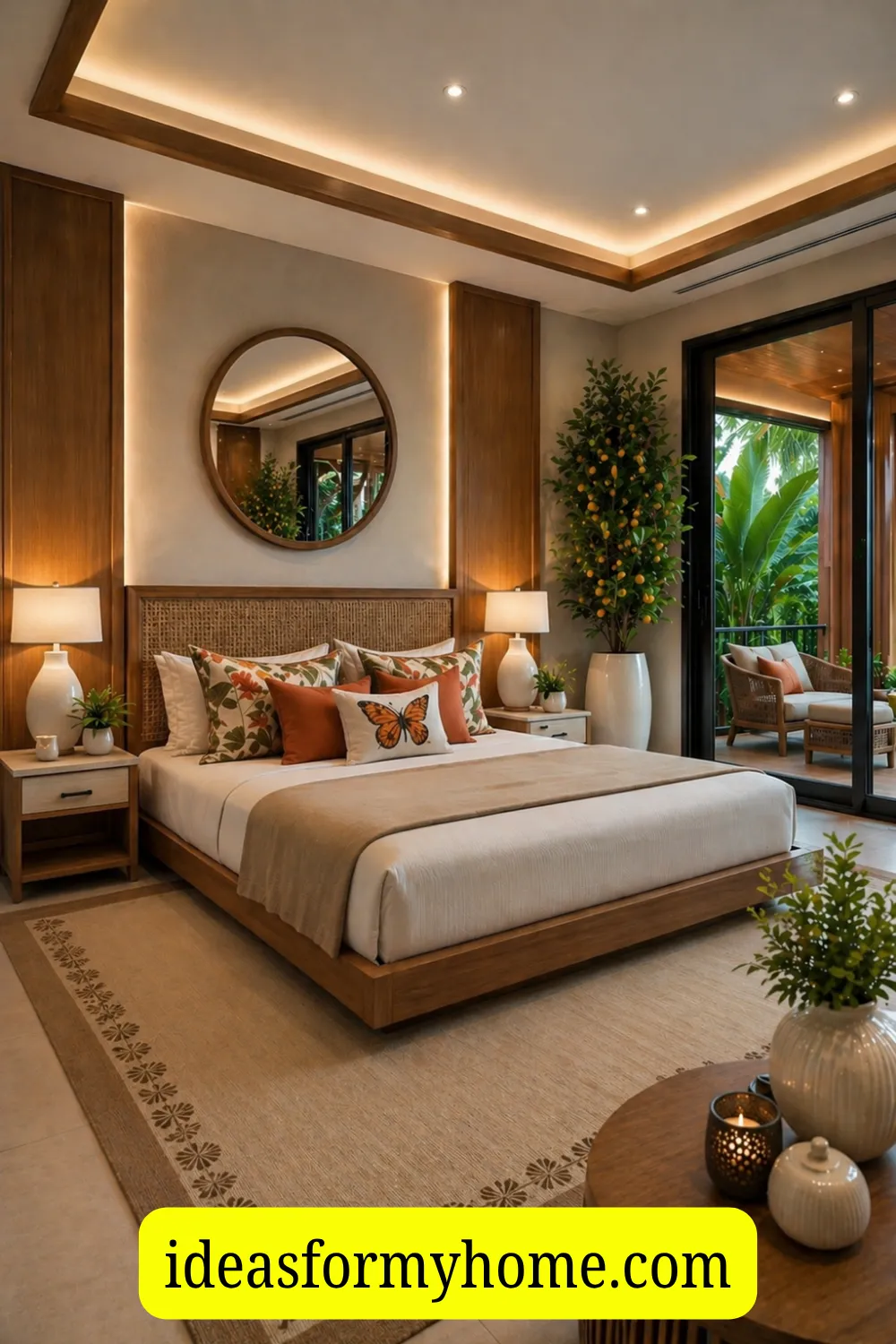 Modern Tropical Bedroom With Warm Wood Accents