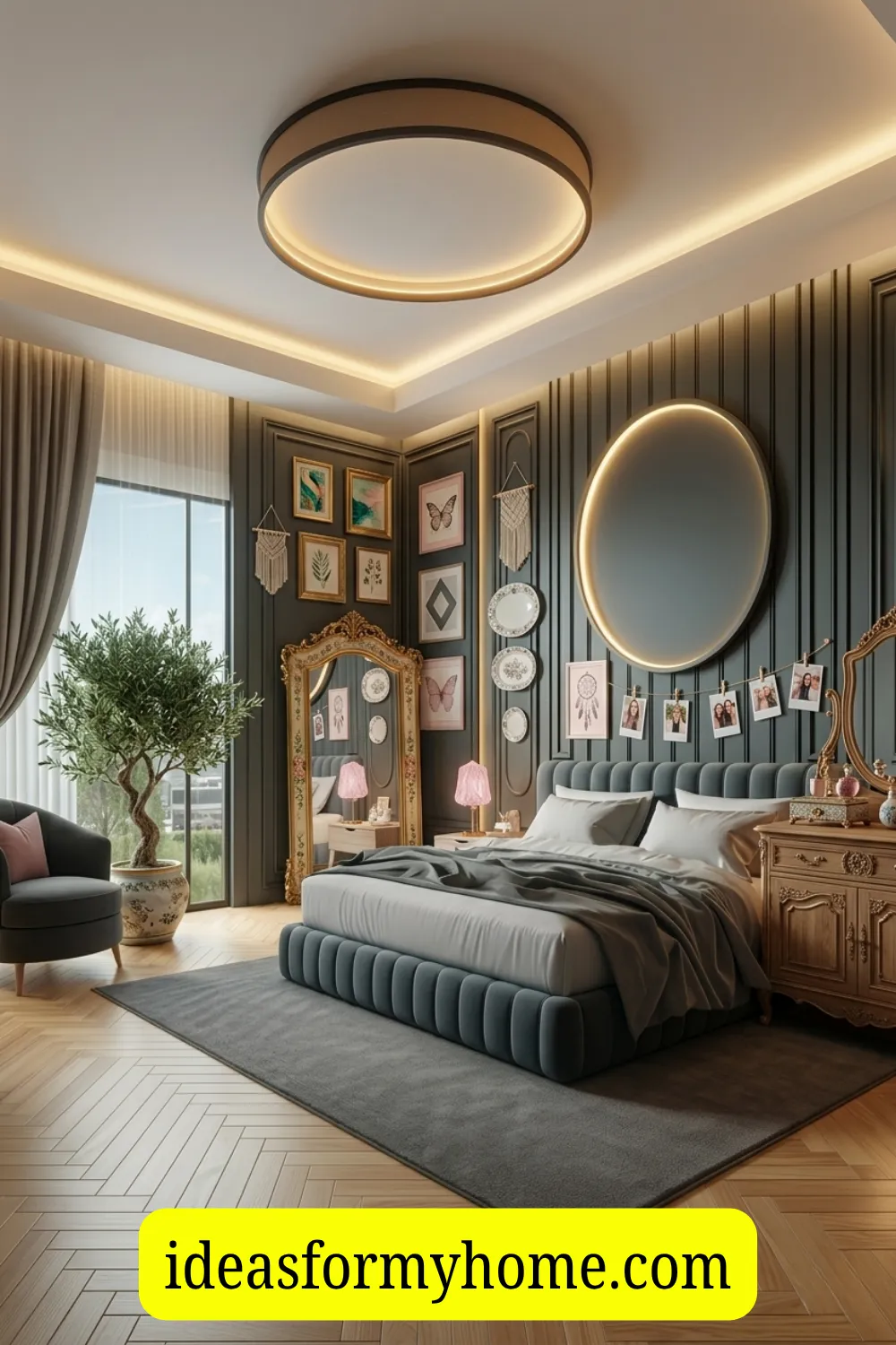 Moody Glam Girls Bedroom with Statement Mirror Wall