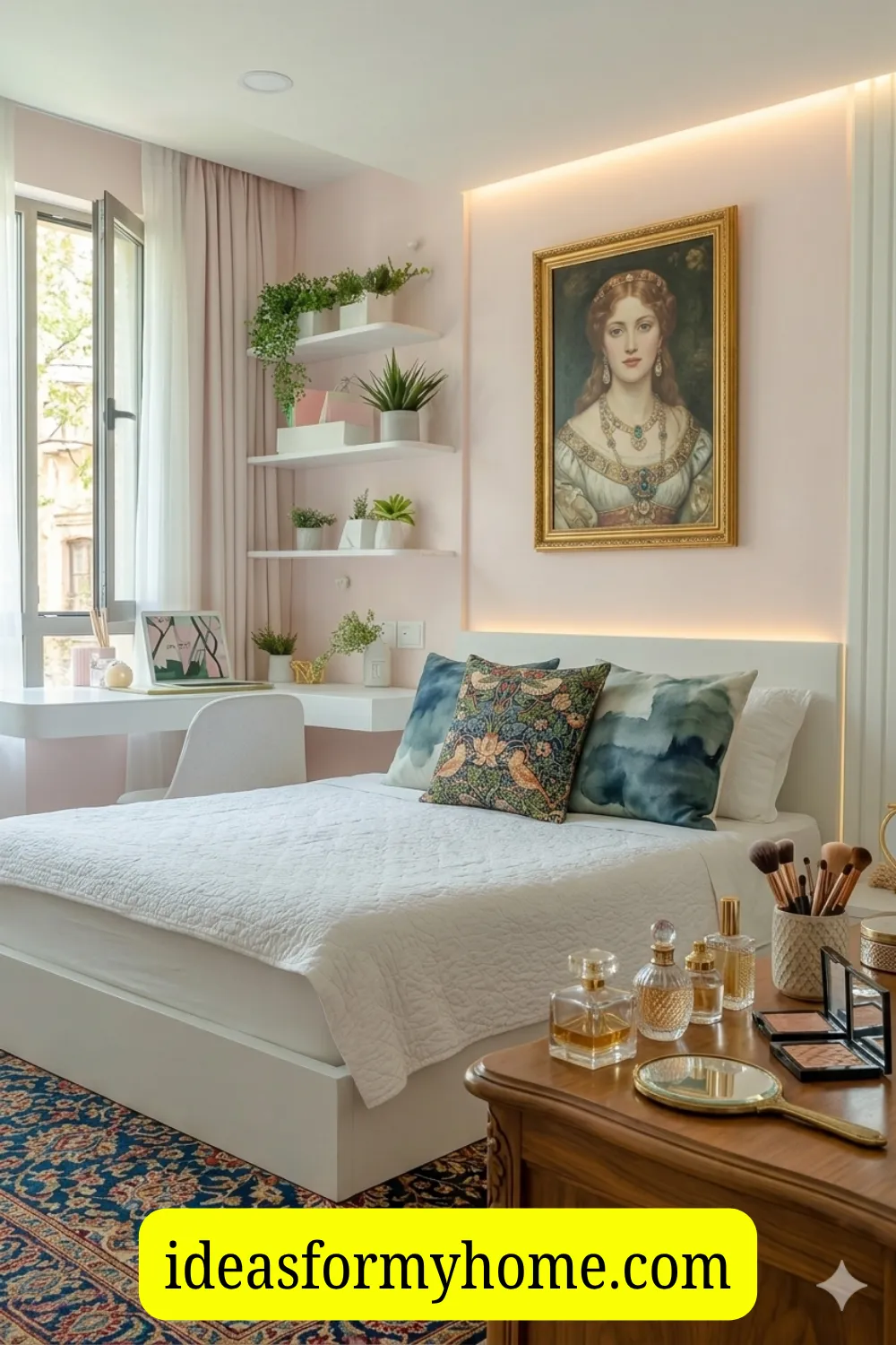 Soft Blush Girls Bedroom with Built-In Study Nook