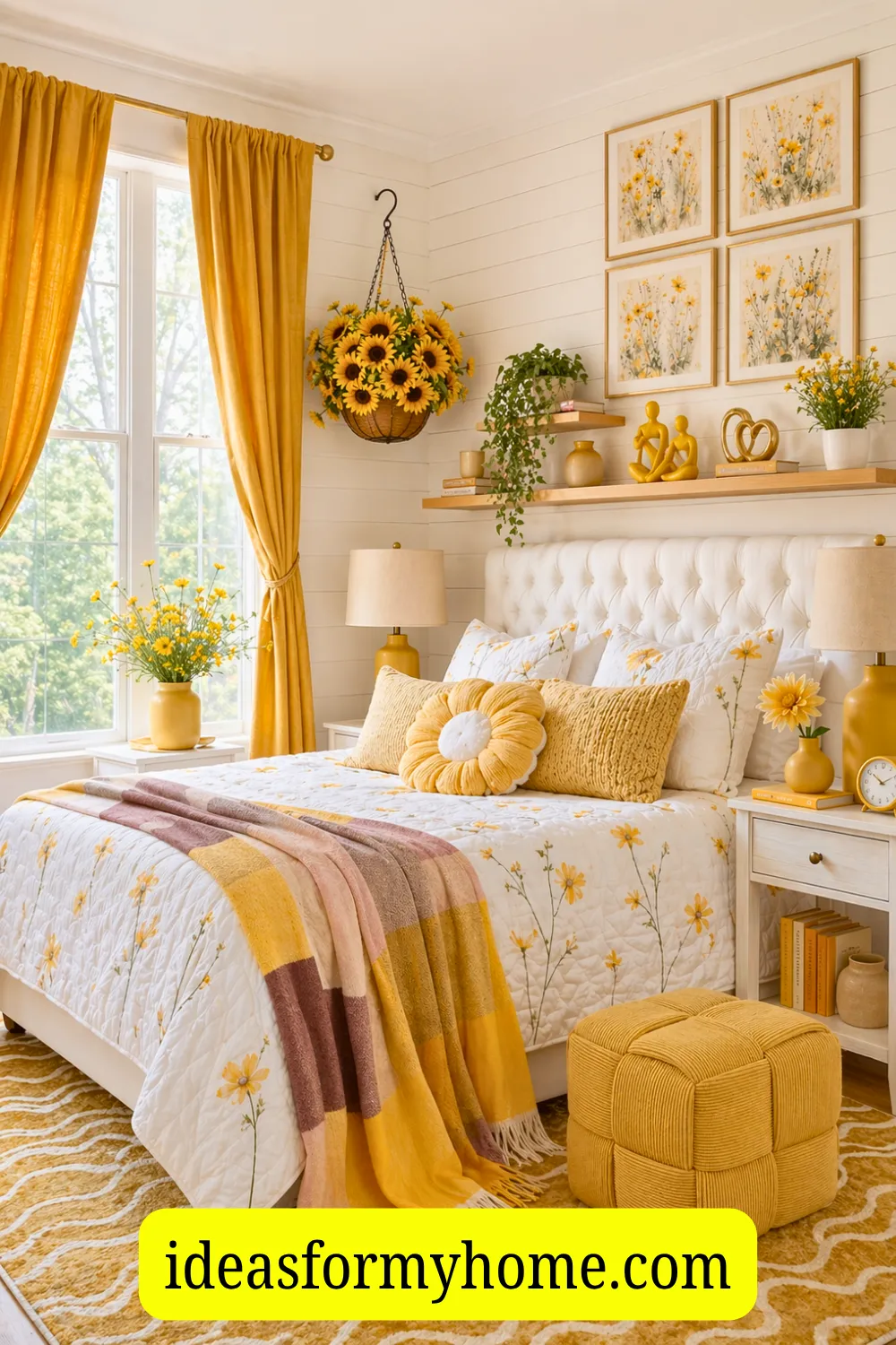 Sunflower-Inspired Scandinavian Boho Yellow Bedroom