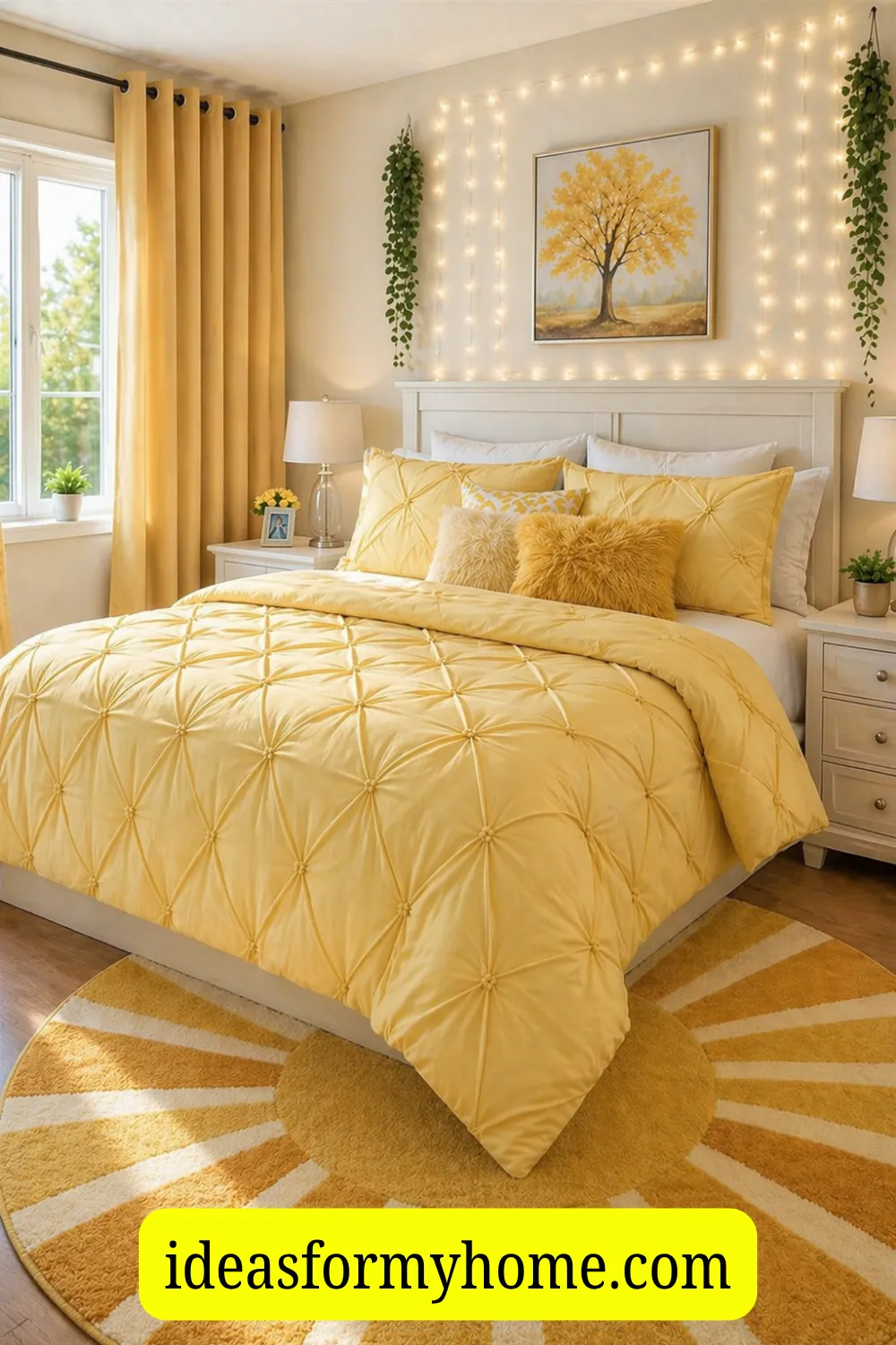 Warm LED Fairy Lights for a Cozy Yellow Bedroom Glow