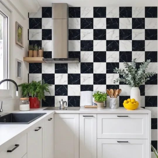 Black and White Graphic Tile Kitchen Backsplash