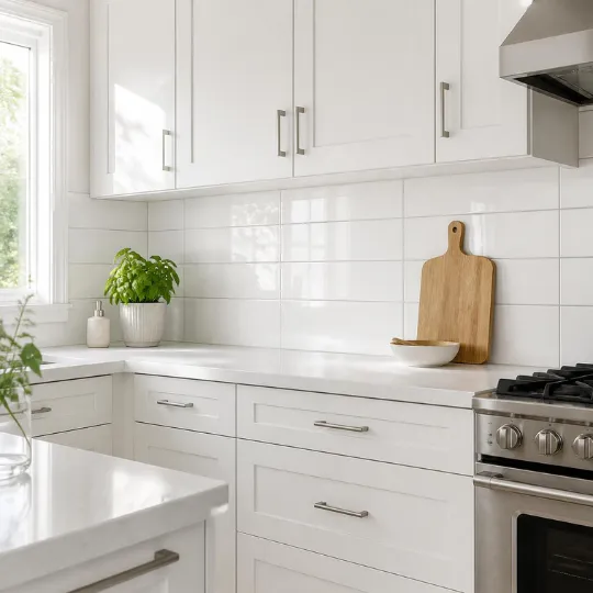 Glossy White Flat Tile Kitchen Backsplash