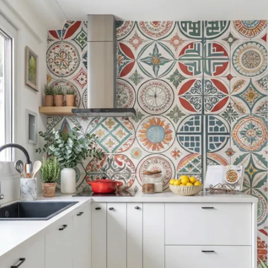 Moroccan or Encaustic Patterned Tile Kitchen Backsplash